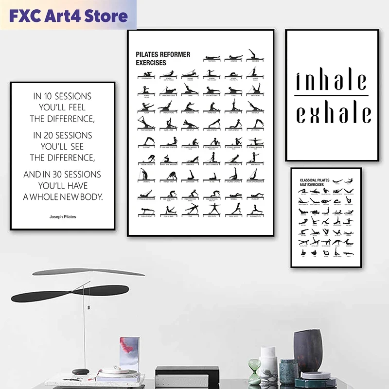 Yoga Fitness Gifts - Rahmenloses Pilates-Workout-Diagramm Poster Leinwanddrucke Yoga-Raum Wanddekoration,